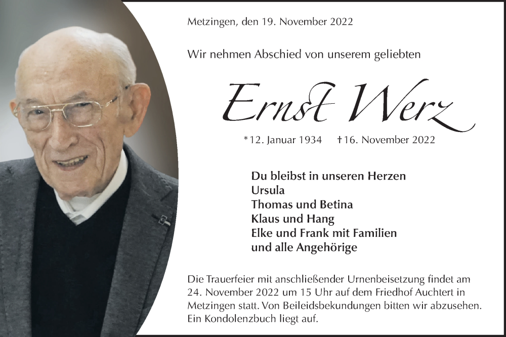  Traueranzeige für Ernst Werz vom 19.11.2022 aus Metzinger-Uracher Volksblatt