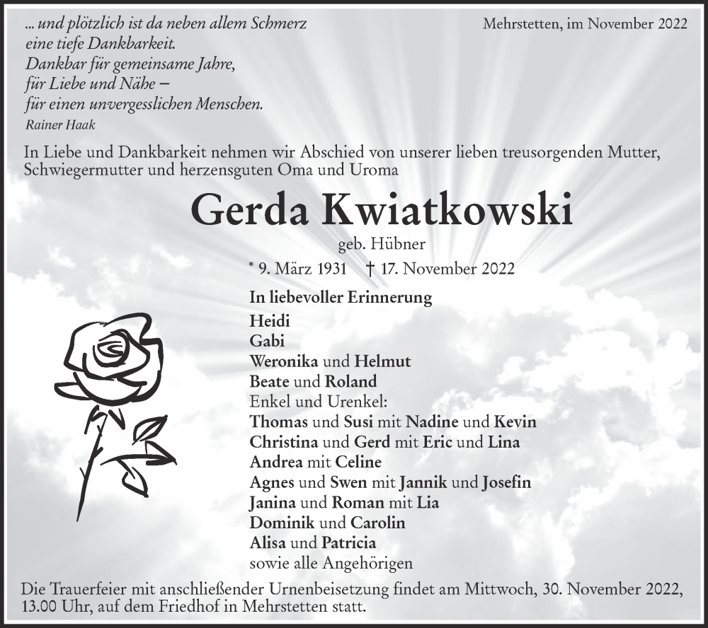  Traueranzeige für Gerda Kwiatkowski vom 26.11.2022 aus Alb-Bote/Metzinger-Uracher Volksblatt