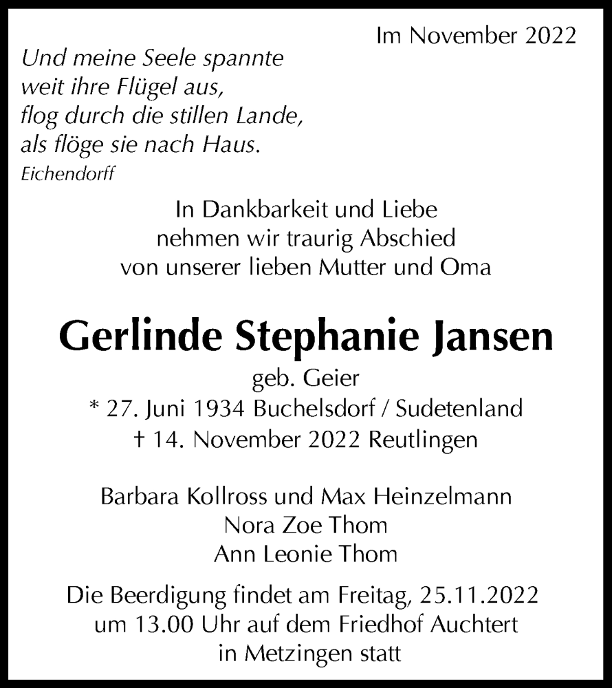  Traueranzeige für Gerlinde Stephanie Jansen vom 19.11.2022 aus Metzinger-Uracher Volksblatt