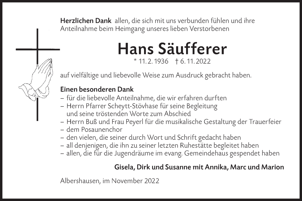  Traueranzeige für Hans Säufferer vom 25.11.2022 aus NWZ Neue Württembergische Zeitung