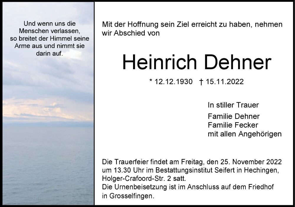  Traueranzeige für Heinrich Dehner vom 22.11.2022 aus Metzinger-Uracher Volksblatt
