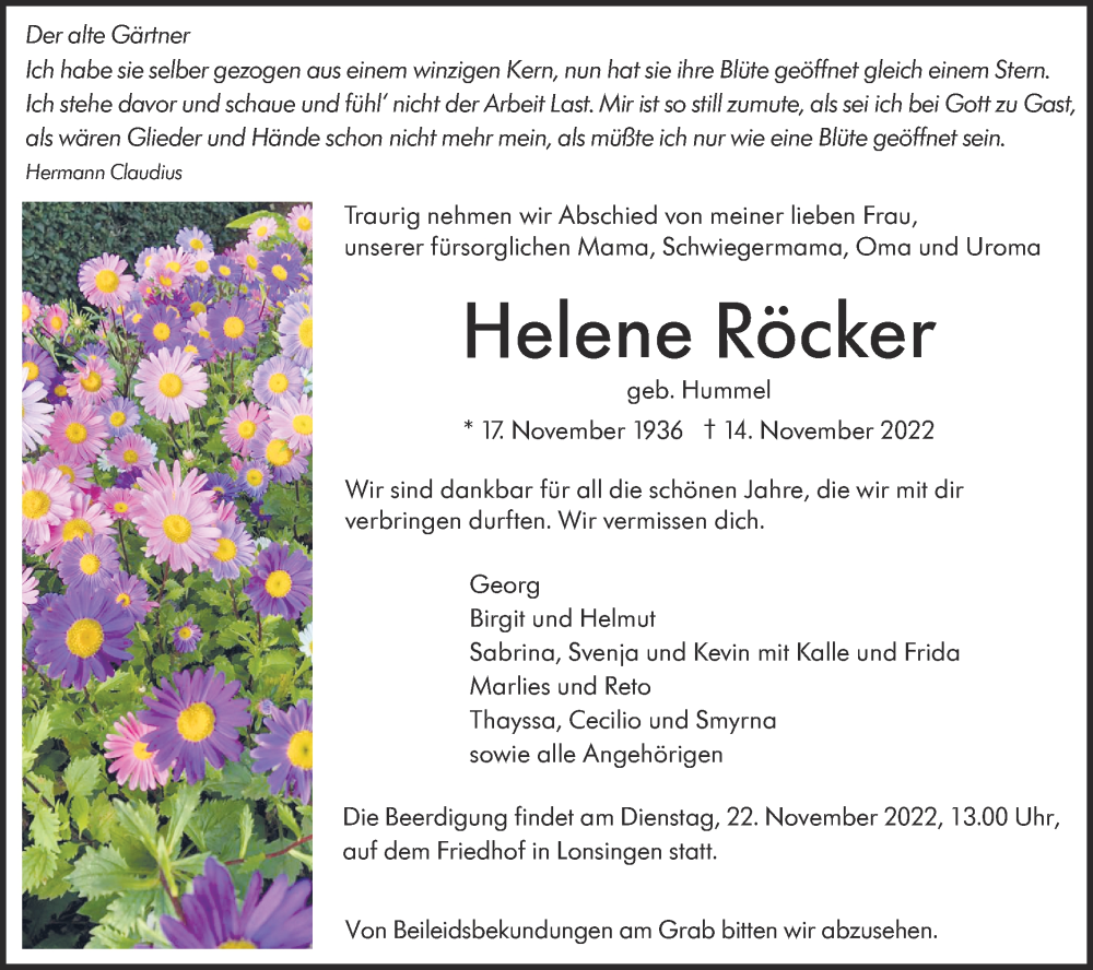  Traueranzeige für Helene Röcker vom 18.11.2022 aus Alb-Bote/Metzinger-Uracher Volksblatt