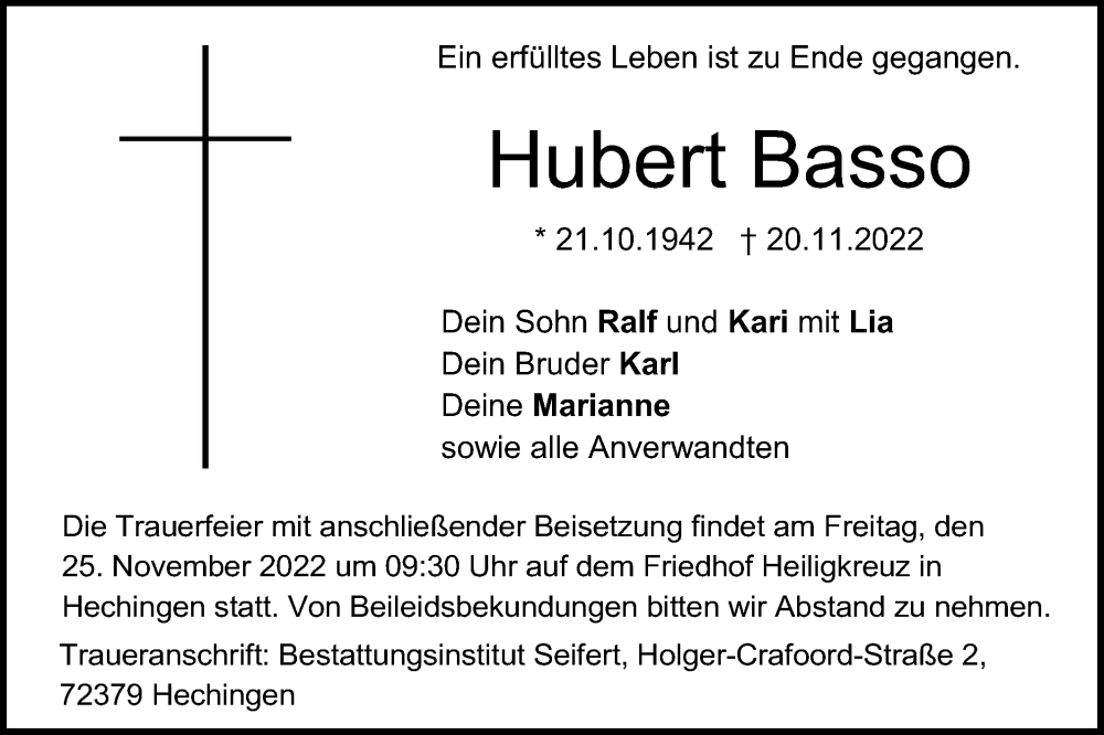  Traueranzeige für Hubert Basso vom 24.11.2022 aus Metzinger-Uracher Volksblatt