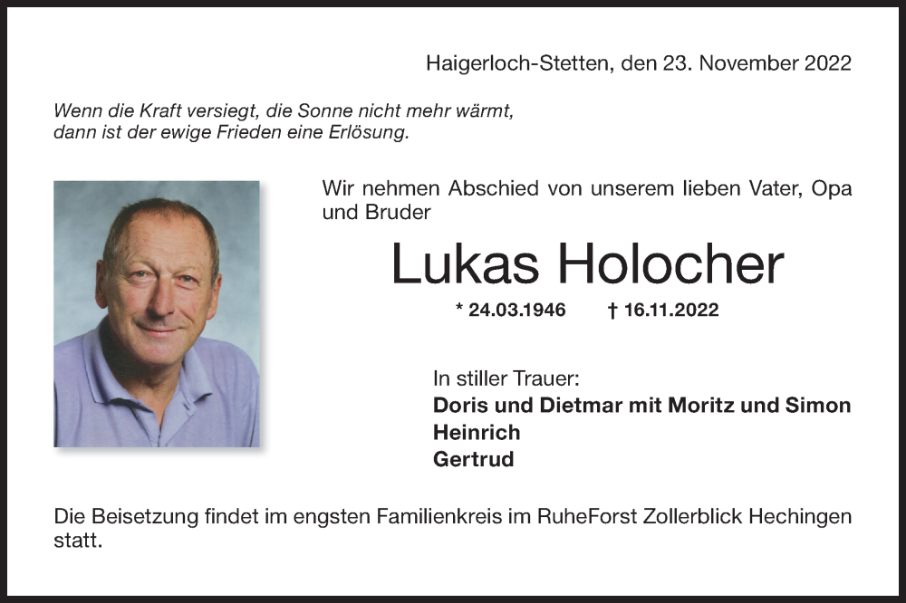  Traueranzeige für Lukas Holocher vom 23.11.2022 aus Metzinger-Uracher Volksblatt