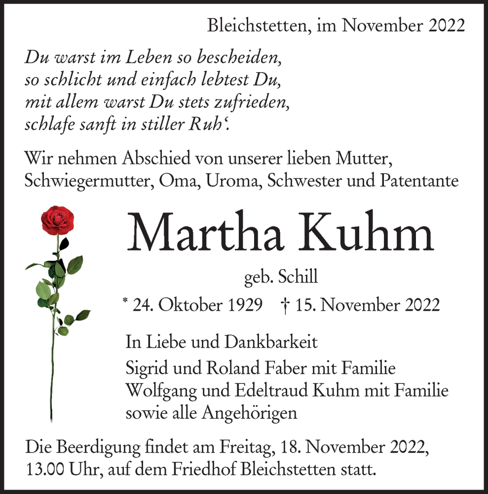  Traueranzeige für Martha Kuhm vom 17.11.2022 aus Alb-Bote/Metzinger-Uracher Volksblatt