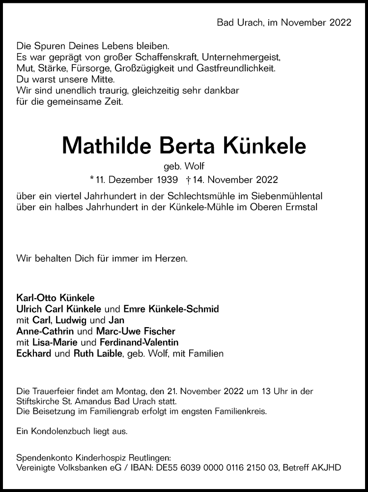  Traueranzeige für Mathilde Berta Künkele vom 18.11.2022 aus Metzinger-Uracher Volksblatt