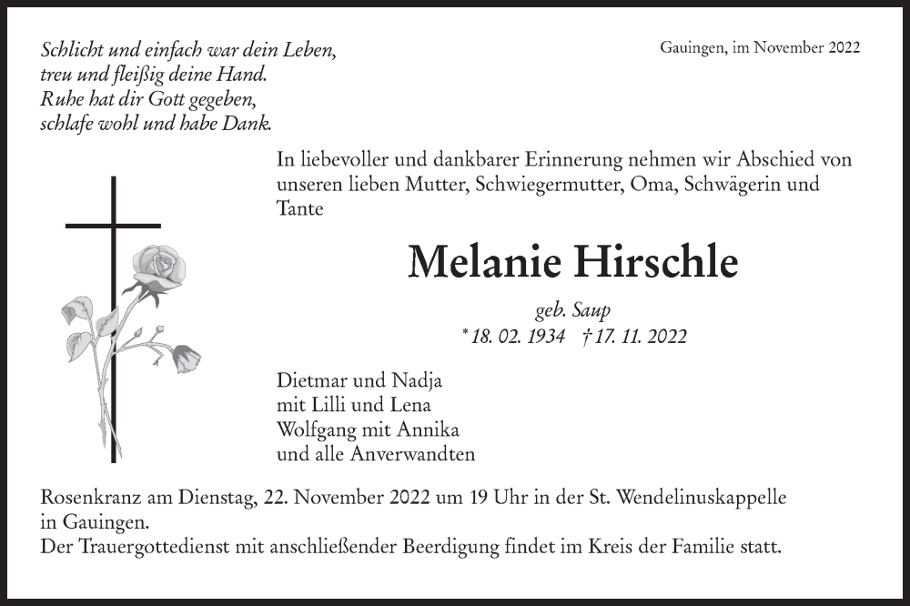  Traueranzeige für Melanie Hirschle vom 22.11.2022 aus Alb-Bote/Metzinger-Uracher Volksblatt
