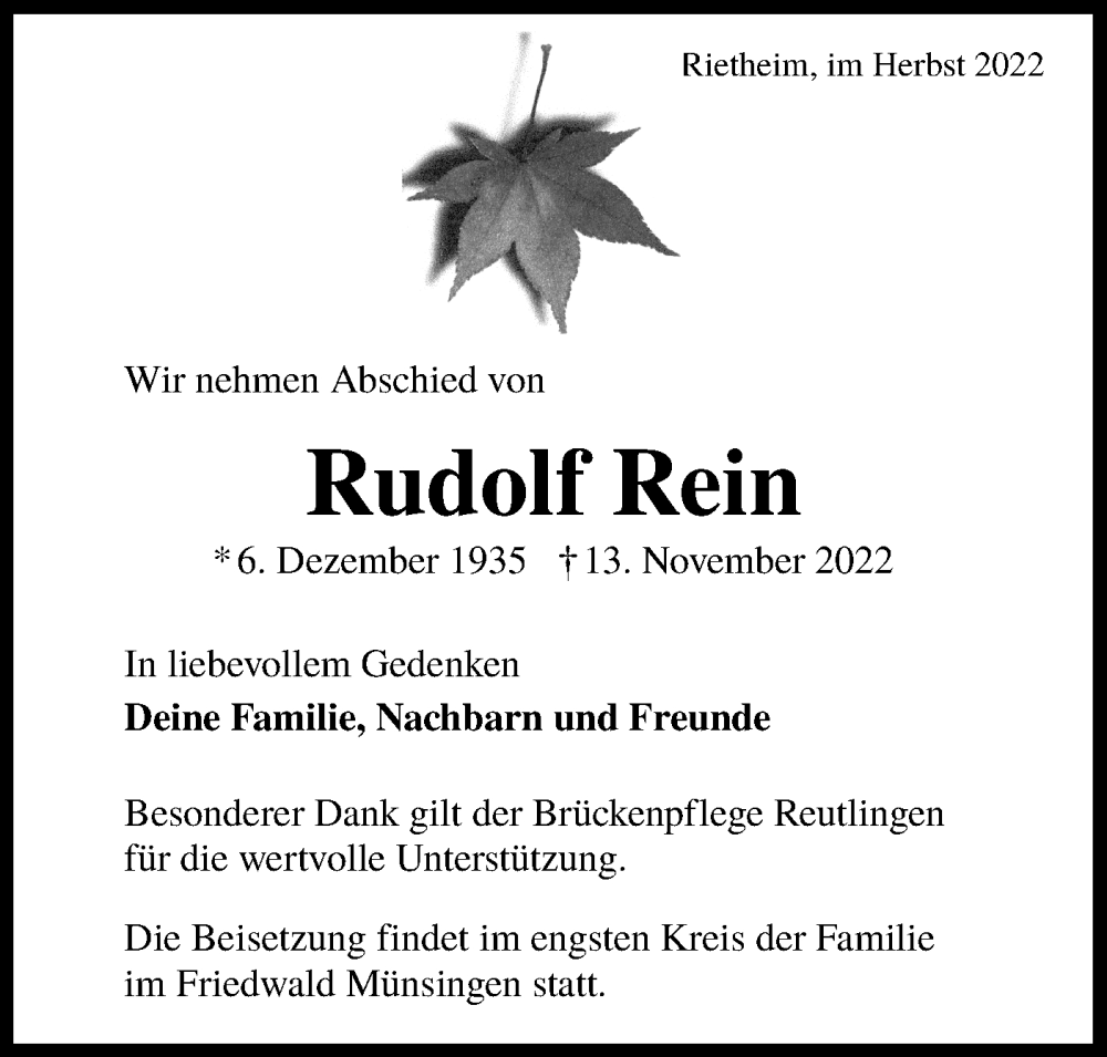  Traueranzeige für Rudolf Rein vom 19.11.2022 aus Alb-Bote/Metzinger-Uracher Volksblatt