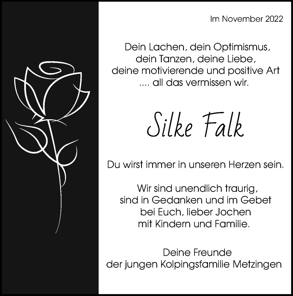  Traueranzeige für Silke Falk vom 26.11.2022 aus Alb-Bote/Metzinger-Uracher Volksblatt