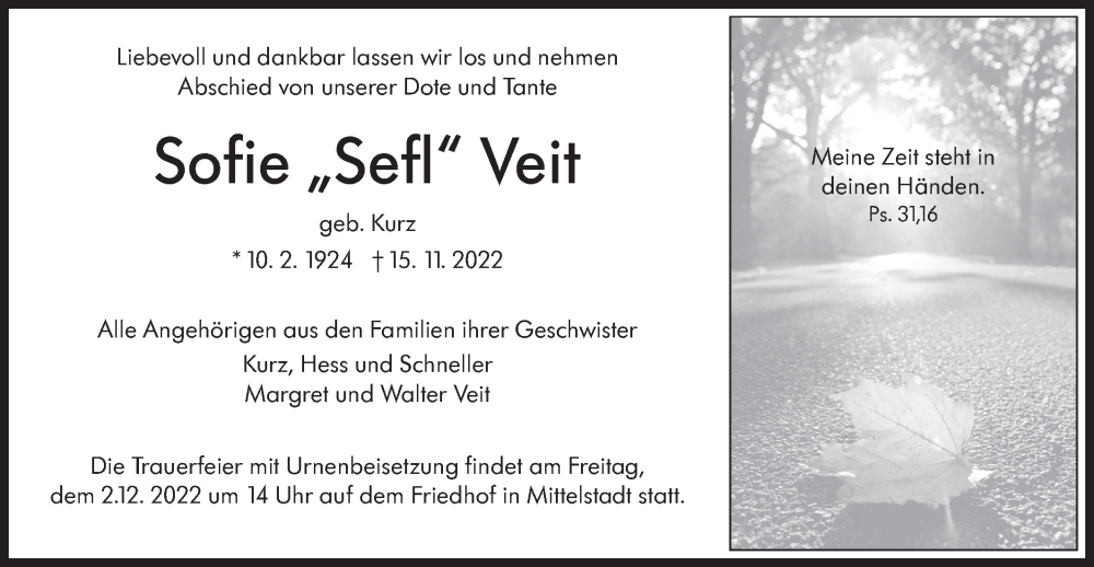  Traueranzeige für Sofie Veit vom 24.11.2022 aus Metzinger-Uracher Volksblatt