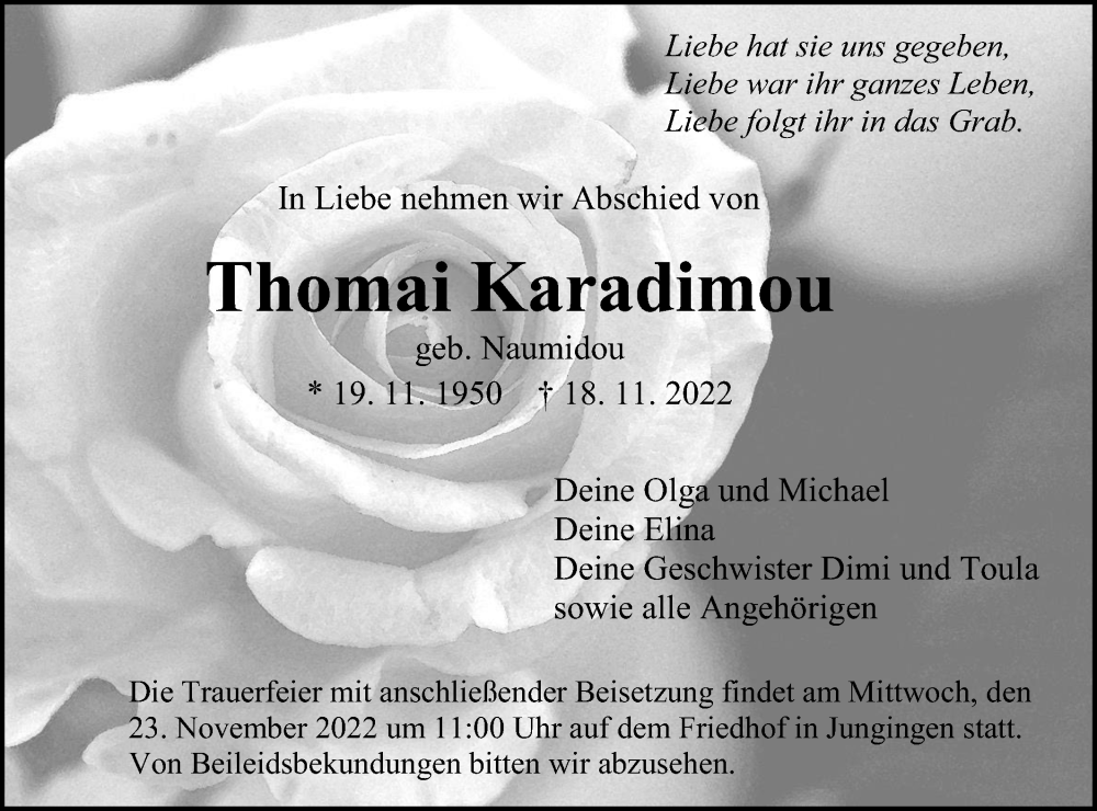 Traueranzeige für Thomai Karadimou vom 22.11.2022 aus Metzinger-Uracher Volksblatt