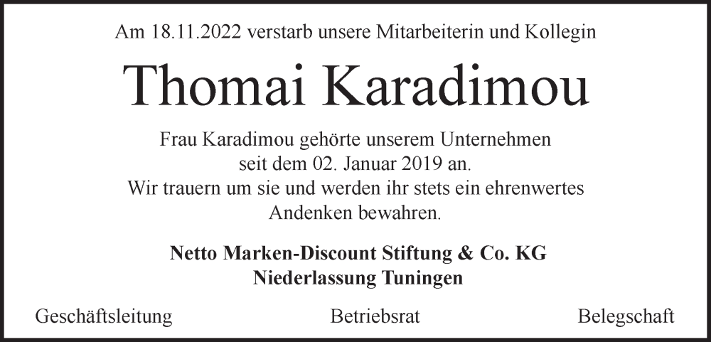  Traueranzeige für Thomai Karadimou vom 26.11.2022 aus Metzinger-Uracher Volksblatt