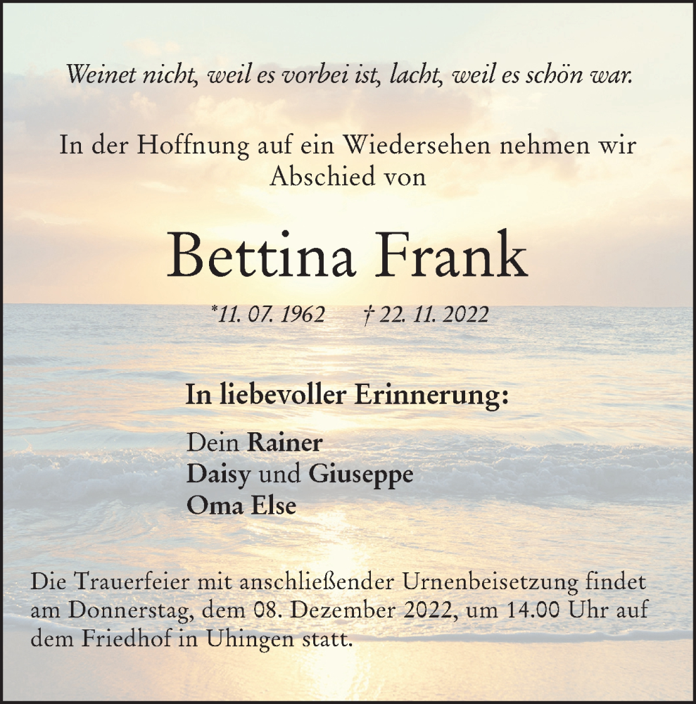  Traueranzeige für Bettina Frank vom 02.12.2022 aus NWZ Neue Württembergische Zeitung
