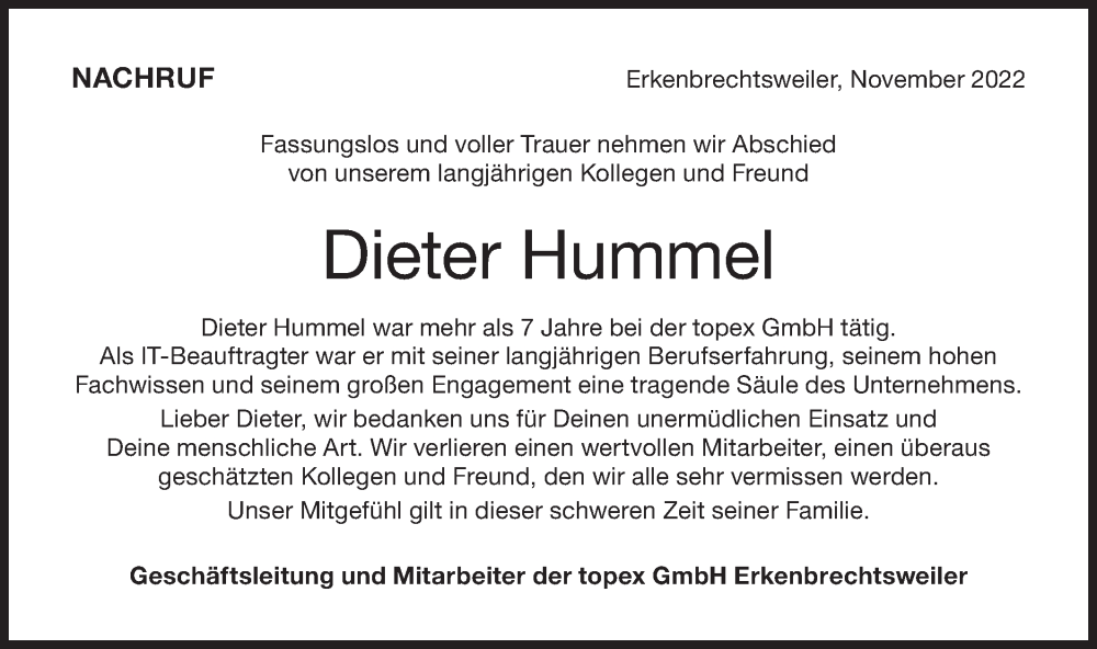  Traueranzeige für Dieter Hummel vom 02.12.2022 aus Metzinger-Uracher Volksblatt