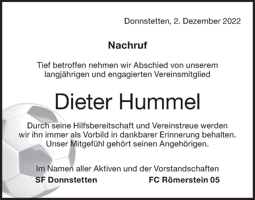  Traueranzeige für Dieter Hummel vom 02.12.2022 aus Metzinger-Uracher Volksblatt