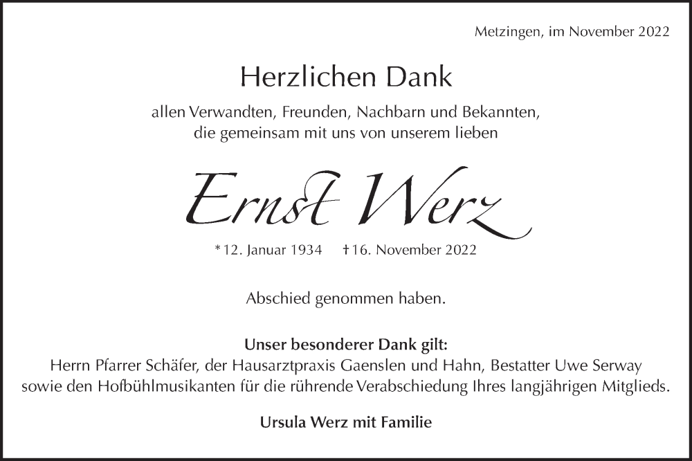  Traueranzeige für Ernst Werz vom 03.12.2022 aus Metzinger-Uracher Volksblatt