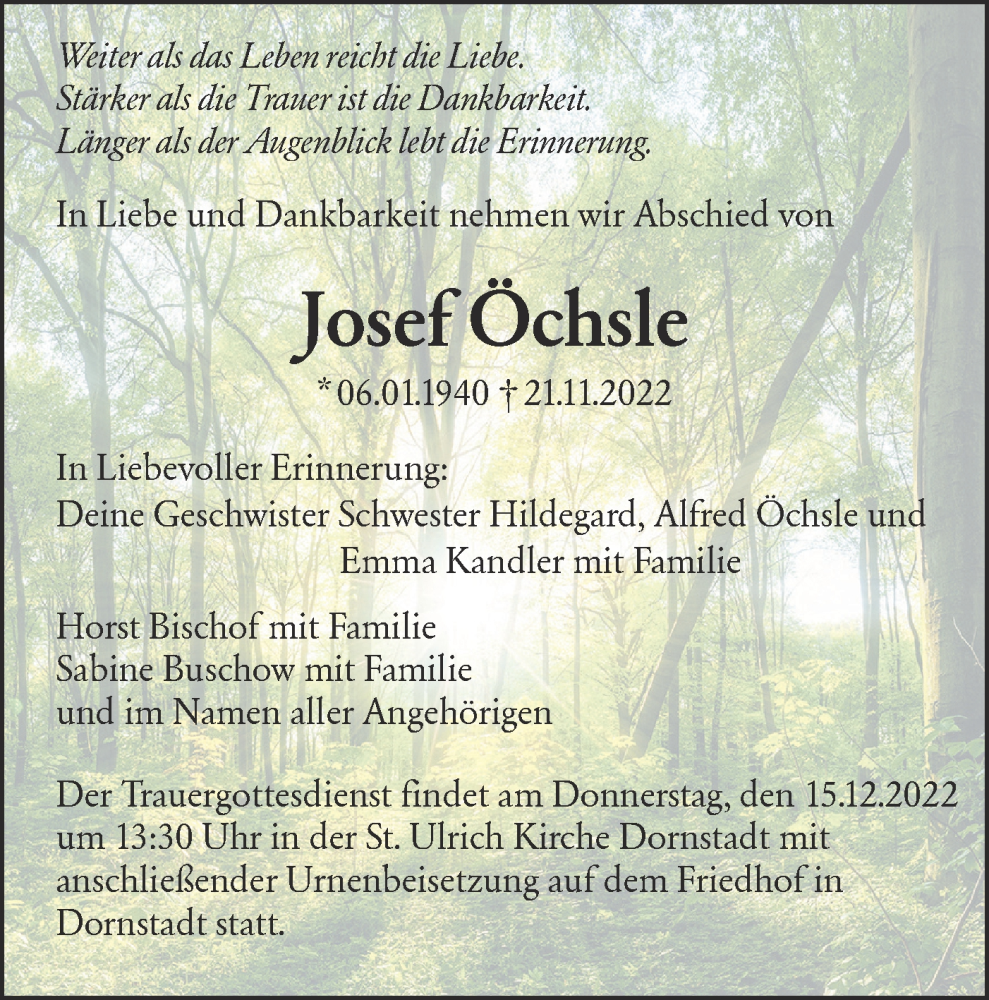  Traueranzeige für Josef Öchsle vom 03.12.2022 aus SÜDWEST PRESSE Ausgabe Ulm/Neu-Ulm