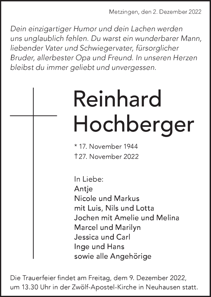  Traueranzeige für Reinhard Hochberger vom 02.12.2022 aus Metzinger-Uracher Volksblatt