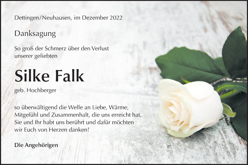  Traueranzeige für Silke Falk vom 10.12.2022 aus Metzinger-Uracher Volksblatt