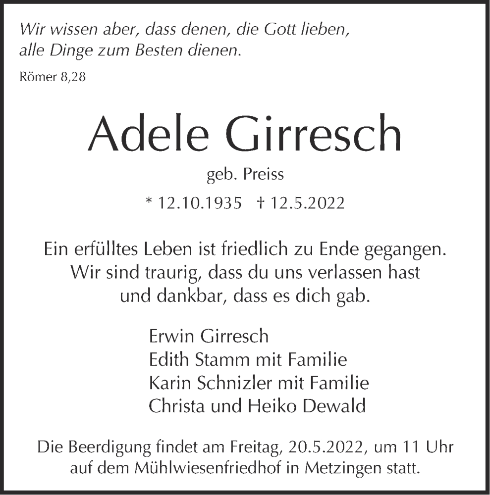  Traueranzeige für Adele Girresch vom 14.05.2022 aus Metzinger-Uracher Volksblatt