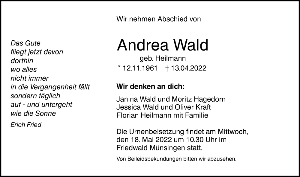  Traueranzeige für Andrea Wald vom 14.05.2022 aus SÜDWEST PRESSE Ausgabe Ulm/Neu-Ulm