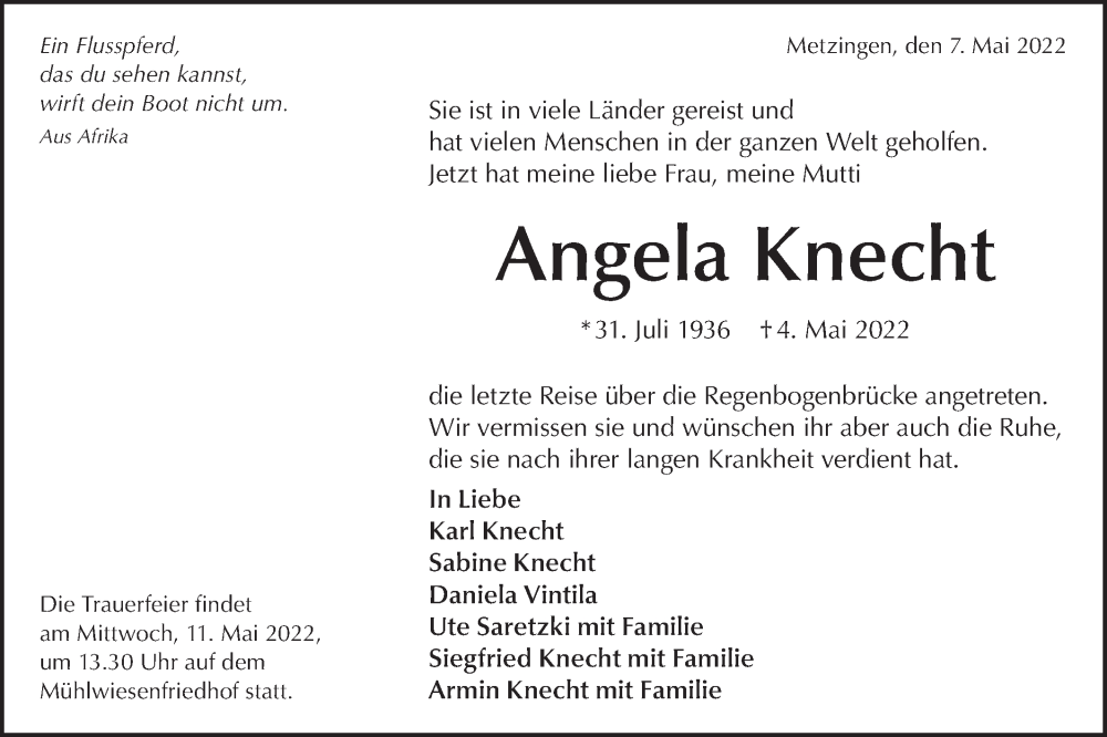  Traueranzeige für Angela Knecht vom 07.05.2022 aus Metzinger-Uracher Volksblatt
