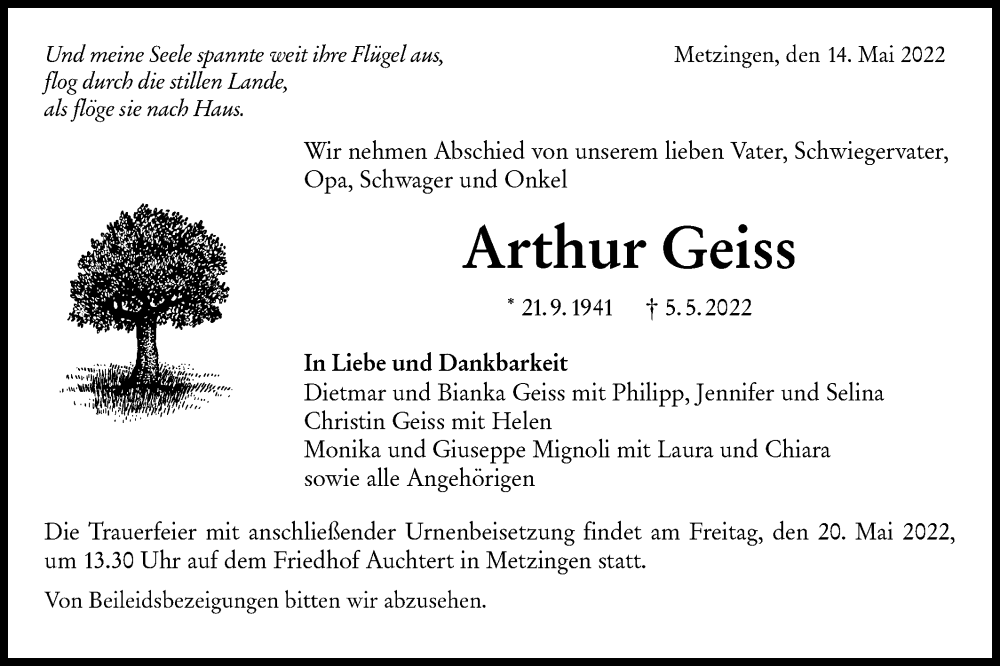  Traueranzeige für Arthur Geiss vom 14.05.2022 aus Metzinger-Uracher Volksblatt