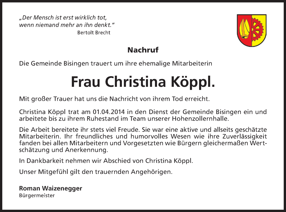  Traueranzeige für Christina Köppl vom 18.05.2022 aus Metzinger-Uracher Volksblatt