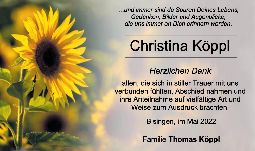  Traueranzeige für Christina Köppl vom 25.05.2022 aus Metzinger-Uracher Volksblatt