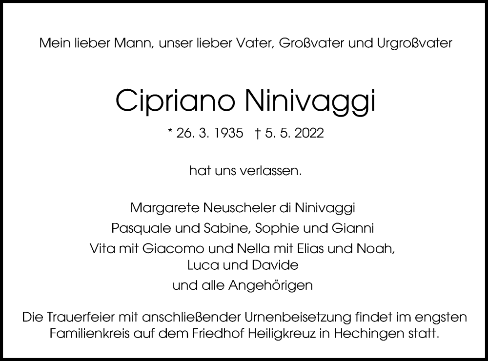  Traueranzeige für Cipriano Ninivaggi vom 11.05.2022 aus Metzinger-Uracher Volksblatt