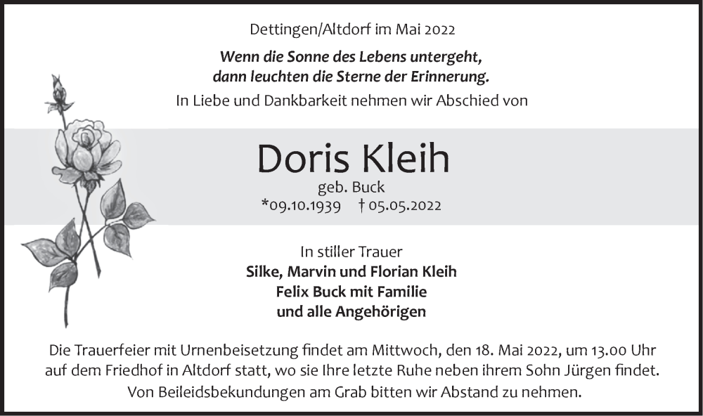  Traueranzeige für Doris Kleih vom 14.05.2022 aus Metzinger-Uracher Volksblatt