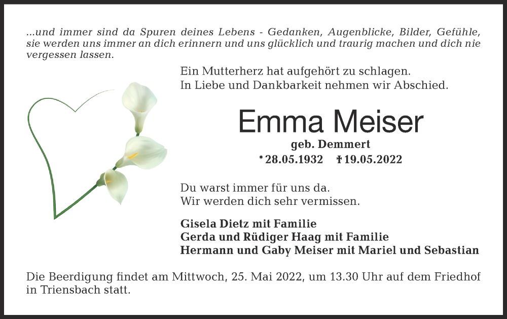  Traueranzeige für Emma Meiser vom 21.05.2022 aus Hohenloher Tagblatt