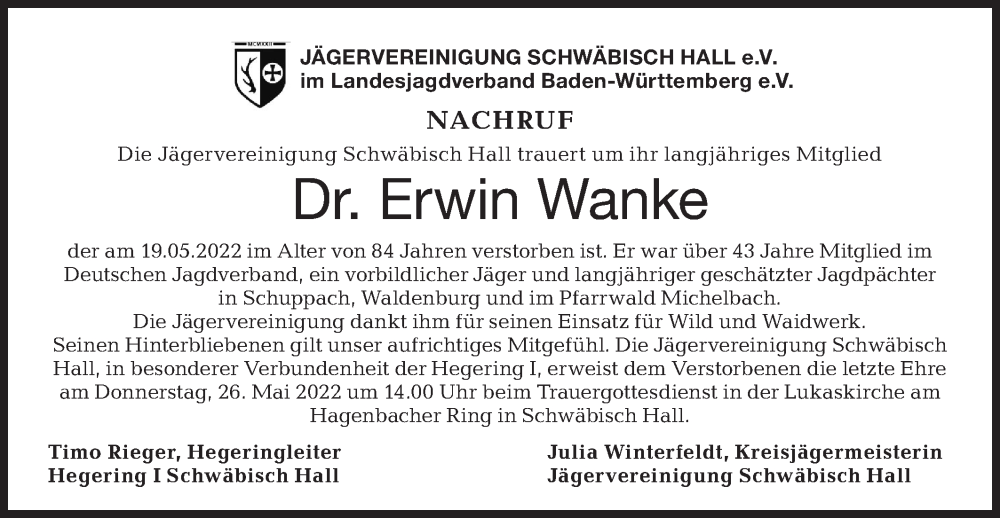  Traueranzeige für Erwin Wanke vom 24.05.2022 aus Haller Tagblatt