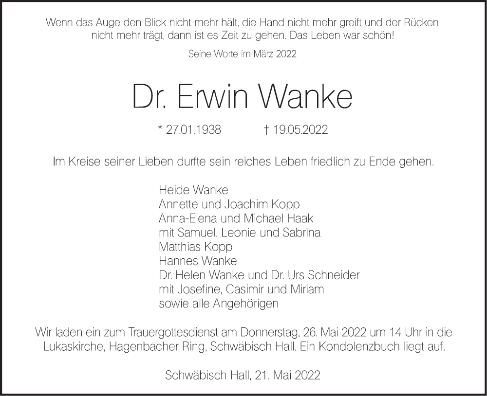  Traueranzeige für Erwin Wanke vom 21.05.2022 aus Haller Tagblatt