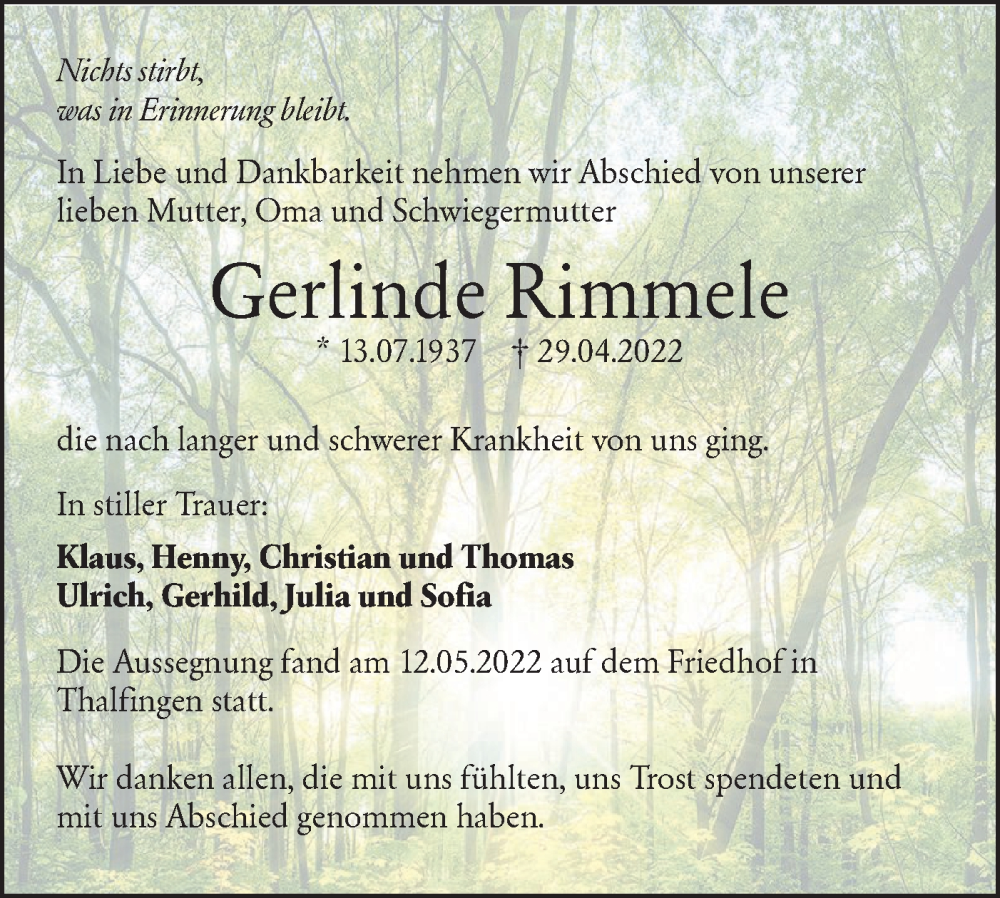  Traueranzeige für Gerlinde Rimmele vom 14.05.2022 aus SÜDWEST PRESSE Ausgabe Ulm/Neu-Ulm