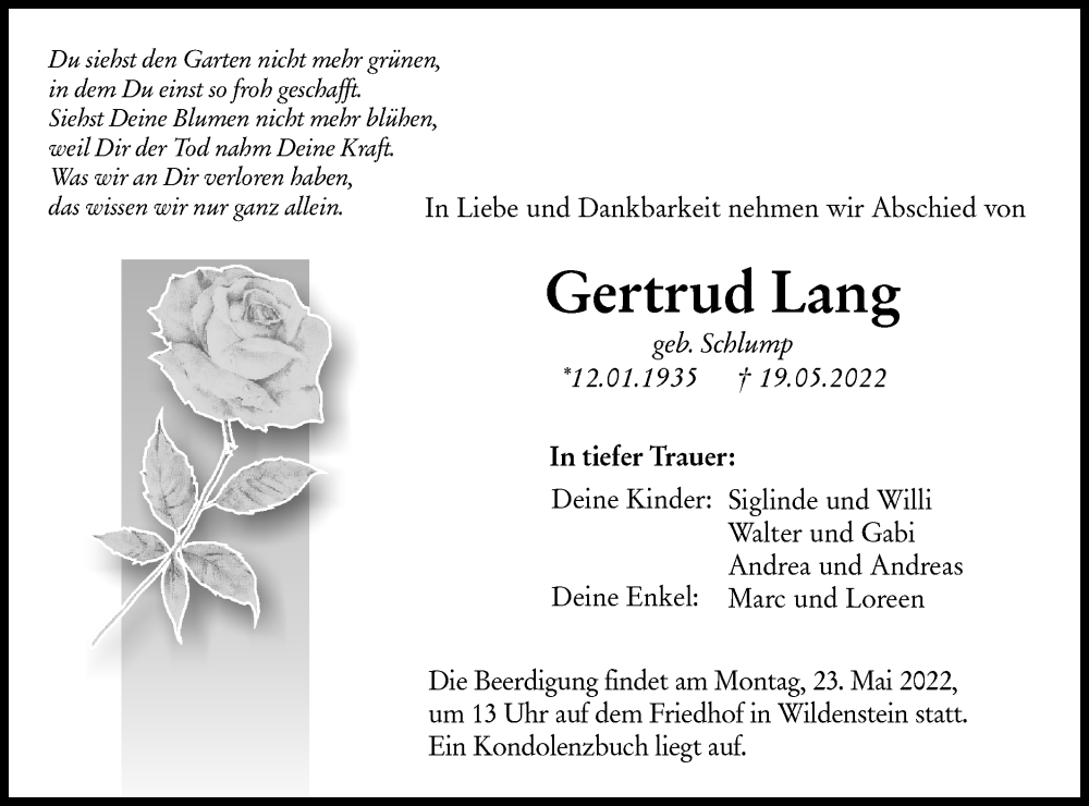  Traueranzeige für Gertrud Lang vom 21.05.2022 aus Hohenloher Tagblatt