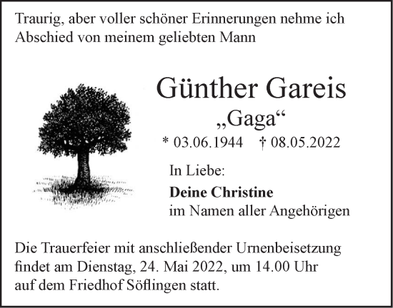 Traueranzeige von Günther Gareis von SÜDWEST PRESSE Ausgabe Ulm/Neu-Ulm