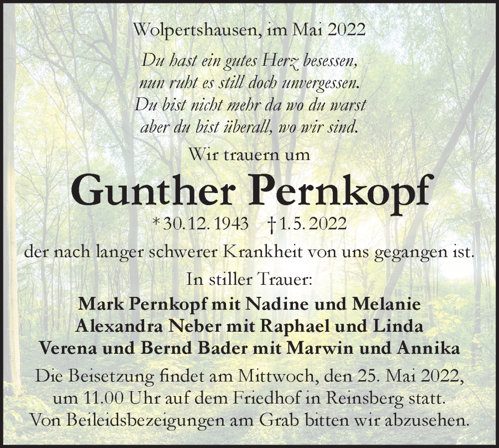  Traueranzeige für Gunther Pernkopf vom 21.05.2022 aus Haller Tagblatt