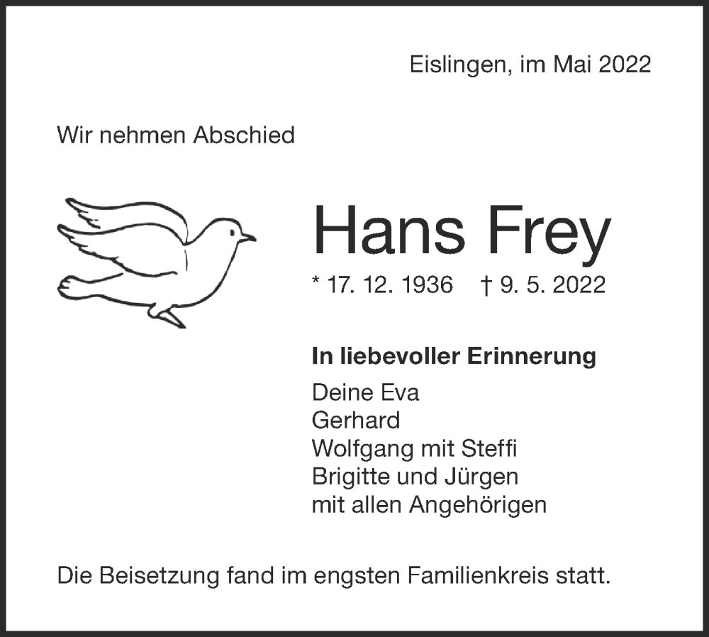  Traueranzeige für Hans Frey vom 21.05.2022 aus NWZ Neue Württembergische Zeitung