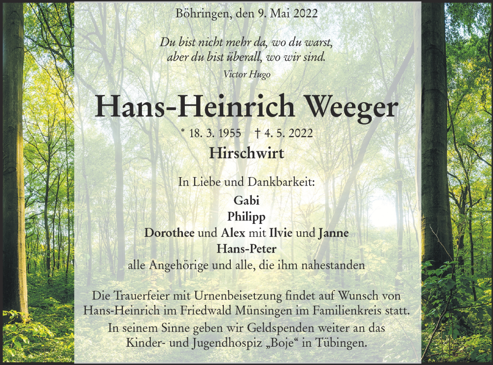  Traueranzeige für Hans-Heinrich Weeger vom 09.05.2022 aus Alb-Bote/Metzinger-Uracher Volksblatt