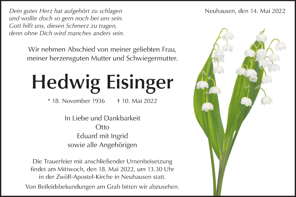  Traueranzeige für Hedwig Eisfinger vom 14.05.2022 aus Metzinger-Uracher Volksblatt