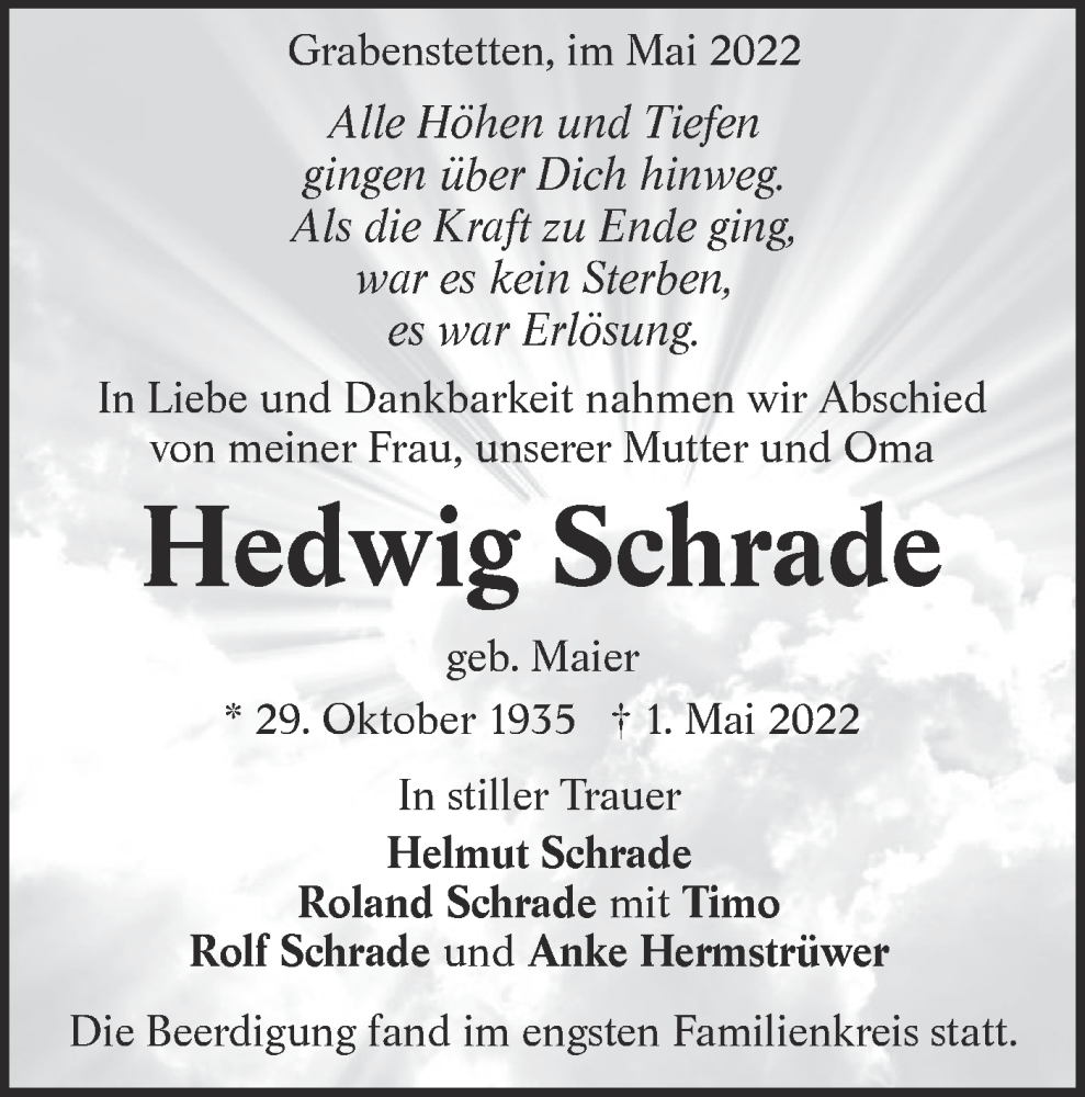  Traueranzeige für Hedwig Schrade vom 07.05.2022 aus Alb-Bote/Metzinger-Uracher Volksblatt