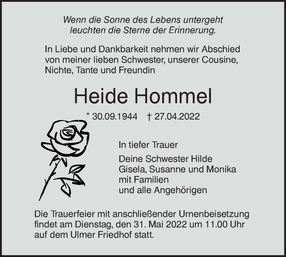  Traueranzeige für Heide Hommel vom 21.05.2022 aus SÜDWEST PRESSE Ausgabe Ulm/Neu-Ulm
