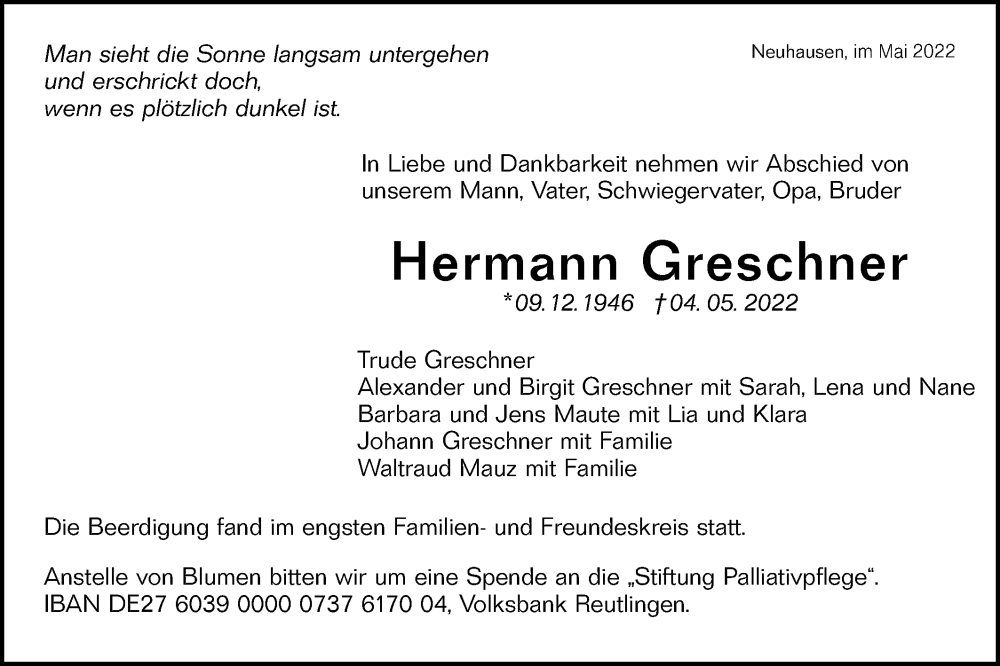  Traueranzeige für Hermann Greschner vom 13.05.2022 aus Metzinger-Uracher Volksblatt