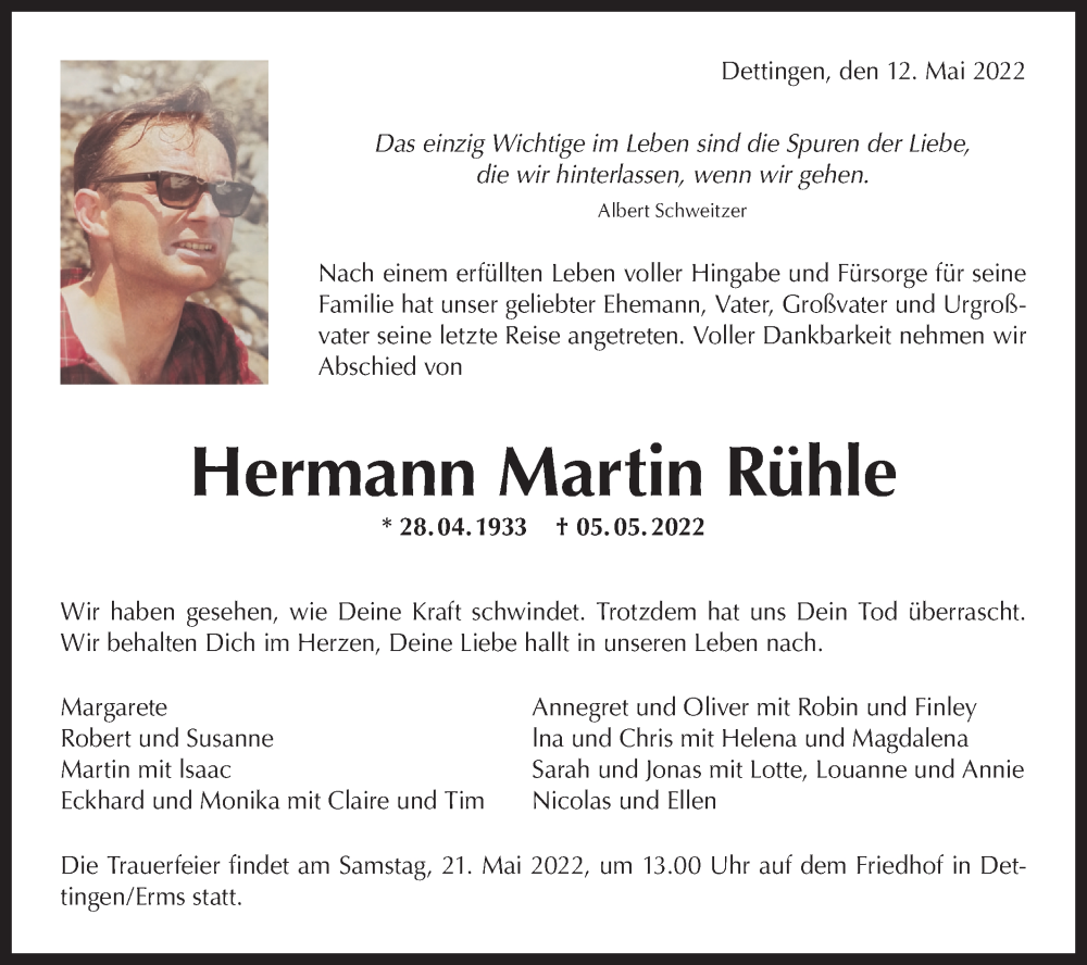  Traueranzeige für Hermann Martin Rühle vom 12.05.2022 aus Metzinger-Uracher Volksblatt