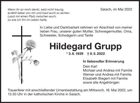 Traueranzeige von Hildegard Grupp von NWZ Neue Württembergische Zeitung