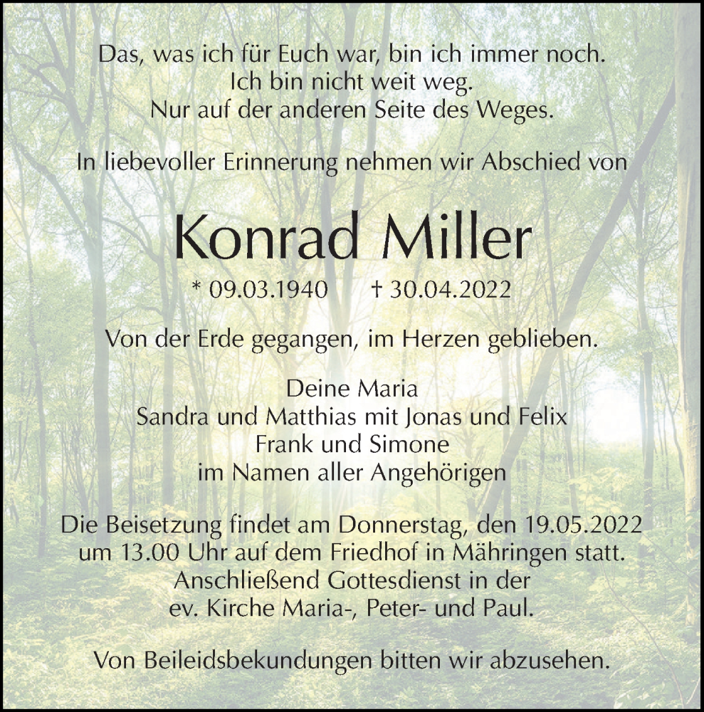  Traueranzeige für Konrad Miller vom 14.05.2022 aus SÜDWEST PRESSE Ausgabe Ulm/Neu-Ulm