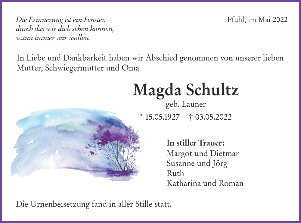  Traueranzeige für Magda Schultz vom 21.05.2022 aus SÜDWEST PRESSE Ausgabe Ulm/Neu-Ulm
