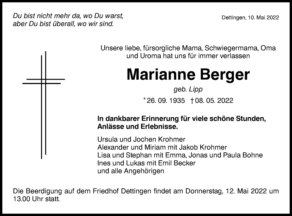  Traueranzeige für Marianne Berger vom 10.05.2022 aus Metzinger-Uracher Volksblatt