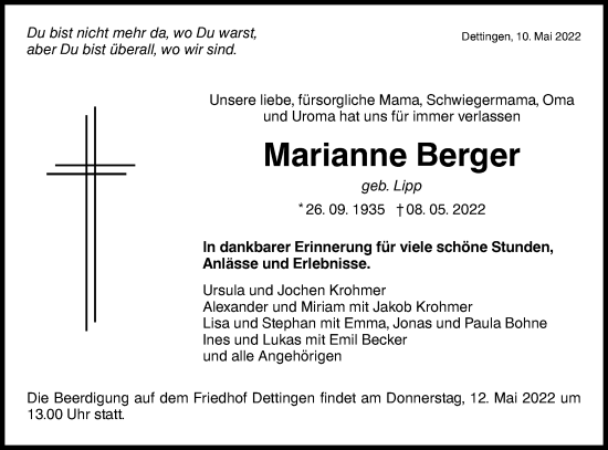 Traueranzeige von Marianne Berger von Metzinger-Uracher Volksblatt